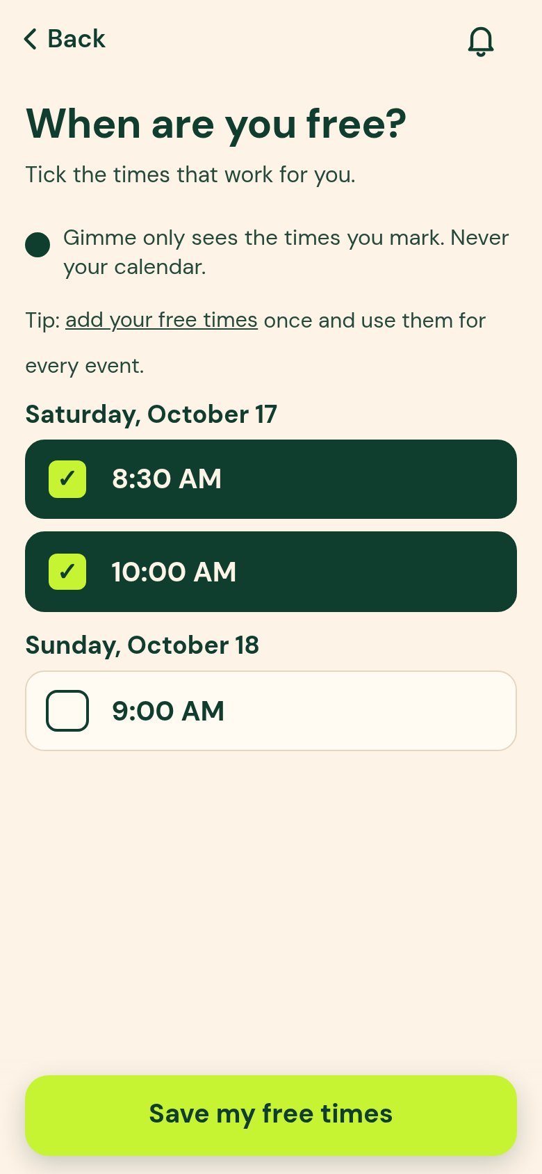 When are you free? Saturday 8:30 AM and 10:00 AM ticked for Doug's Golf Scramble