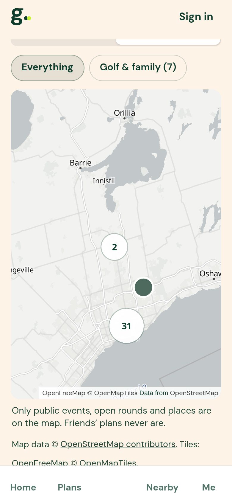 The Gimme map of things to do around Newmarket, with pins for nearby public events.