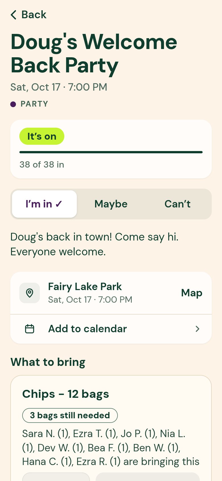 It's on: 38 of 38 in, add to calendar, and what to bring