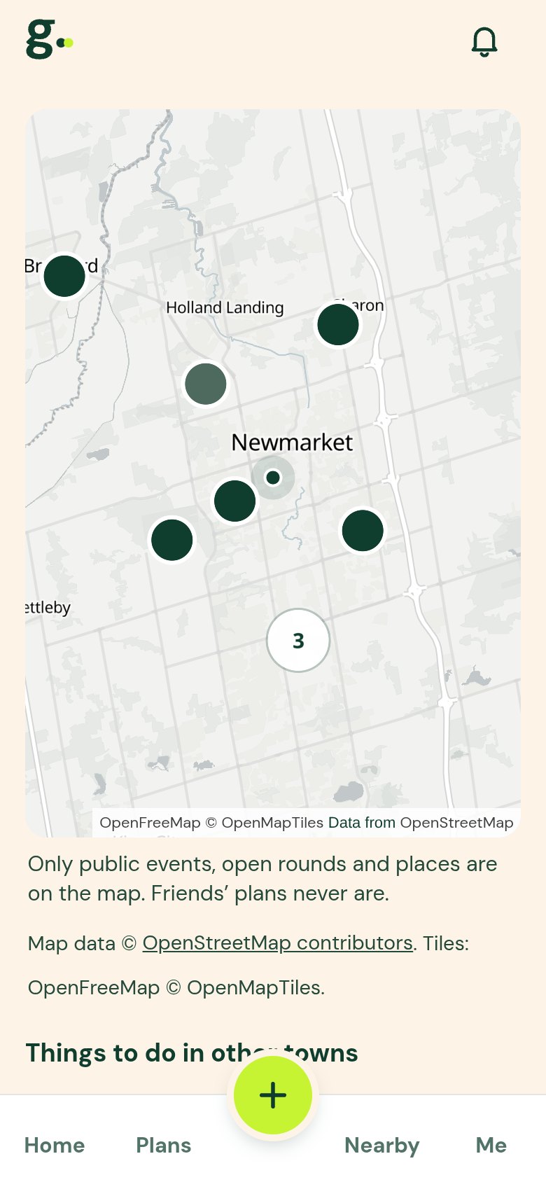 Gimme map of public plans near Newmarket, including a golf scramble